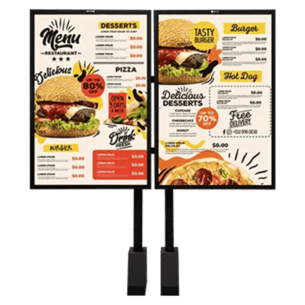 Two illuminated restaurant menu boards on stands featuring burgers, desserts, and drinks with bold graphics and prices, set side by side.