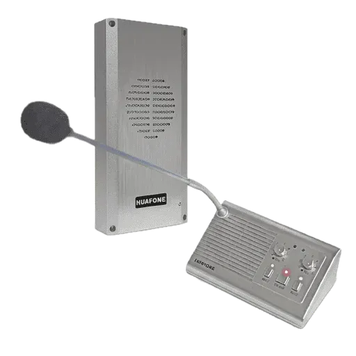 Kit-1_hp - Avio Technologies Sistema de micrófono Nuafone plateado con una caja metálica alta y un micrófono de cuello de cisne curvo conectado a una unidad de control con perillas e indicadores luminosos.