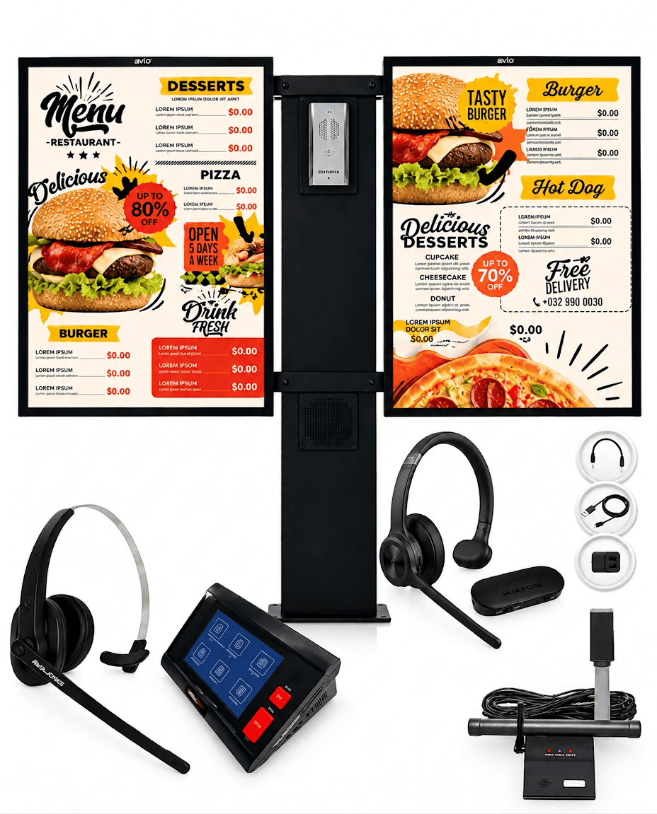 pro-bundle-no-camera - Avio Technologies Dos pantallas de menú de restaurante en un soporte central con hardware POS asociado: auriculares, terminal táctil, lector de tarjetas y cables.